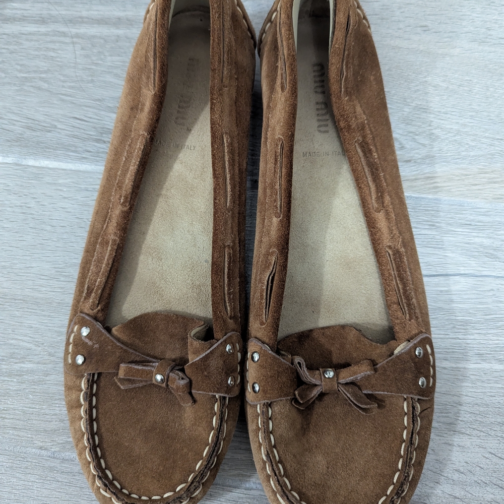 Miu Miu Brown Suede Moccasin Flats